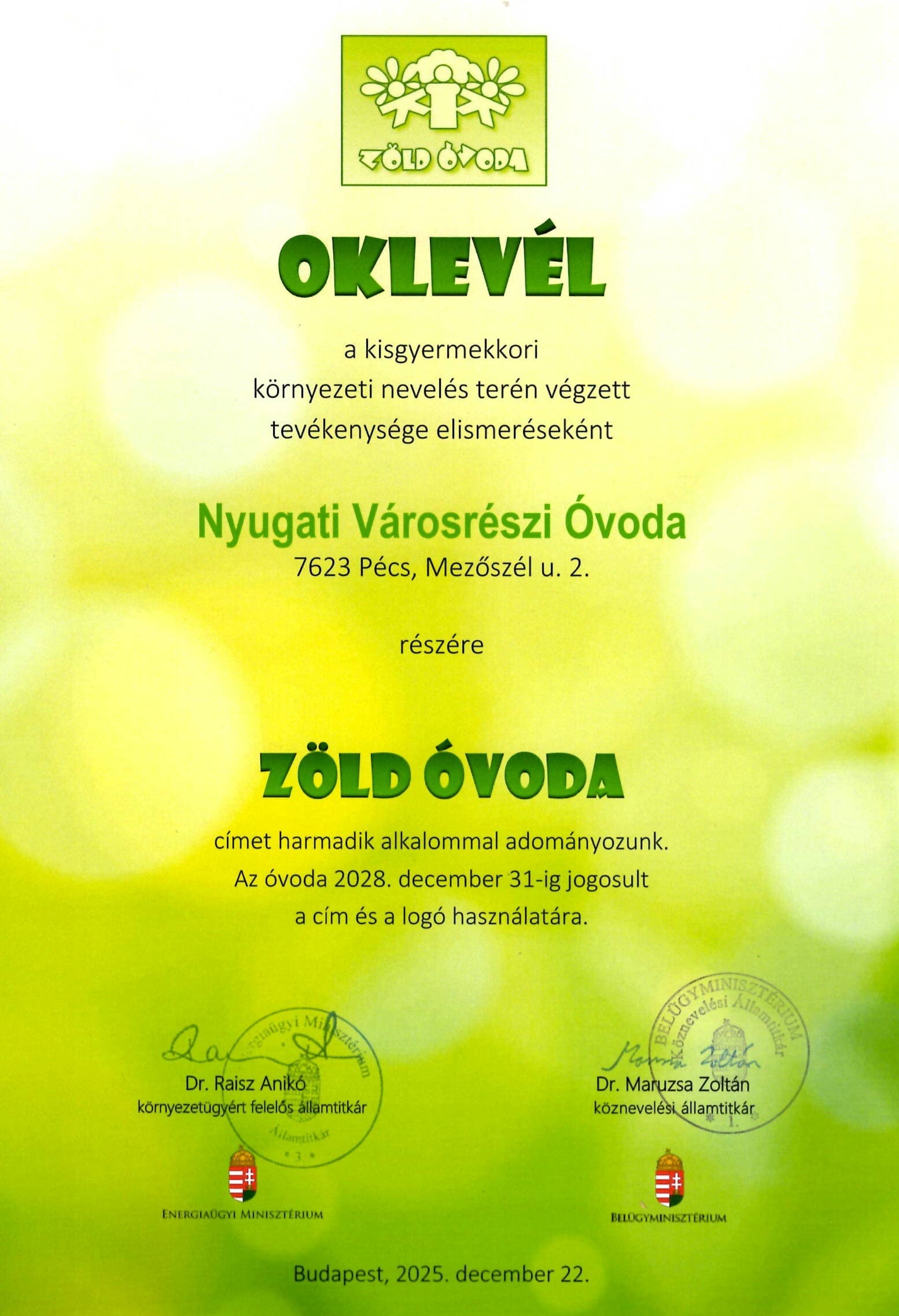 "Zöld Óvoda" harmadszor is!